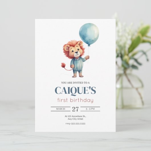 Leeuwenballon eerste verjaardag 1e verjaardag kaart (Staand voorkant)