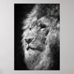 leeuwenkop manen zwart en wit fijn lijn kunst poster