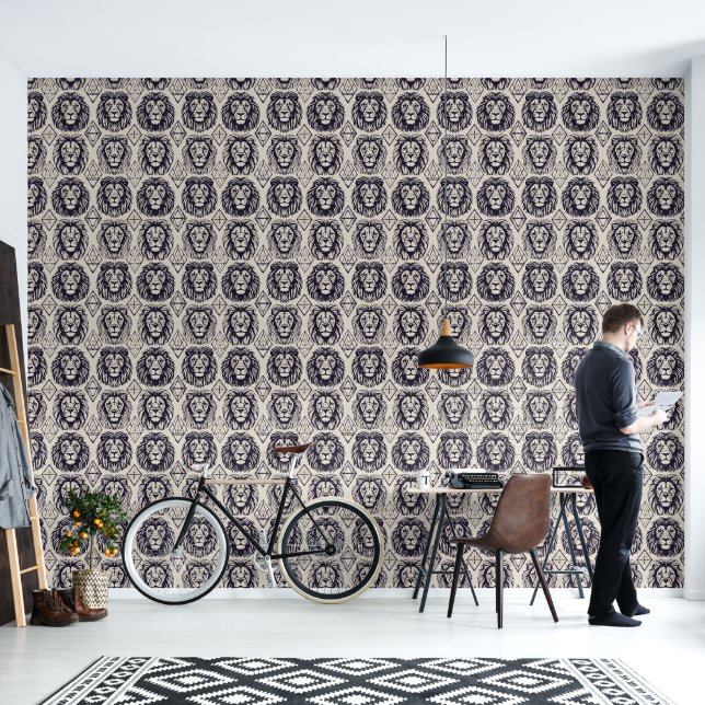 Leeuwenkoppen en geometrische vormen behang (Woonkamer)
