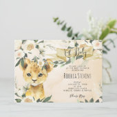 Leeuwenwelp bloemenneutraal baby shower uitnodigin kaart (Staand voorkant)