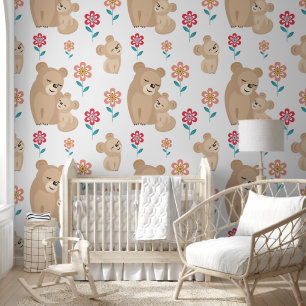 Leeuwin moeder met baby bloemen patroon kwekerij behang