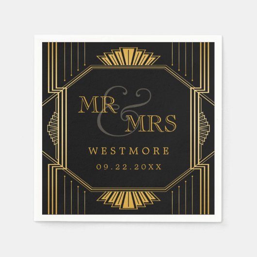  legant Art Deco Black Gold Wedding Servet (Voorkant)