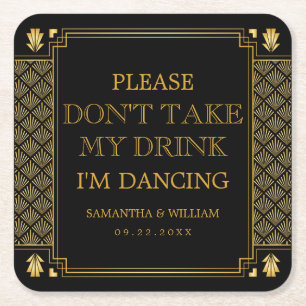  legant Art Deco Black Gold Wedding Vierkante Kartonnen Onderzetter