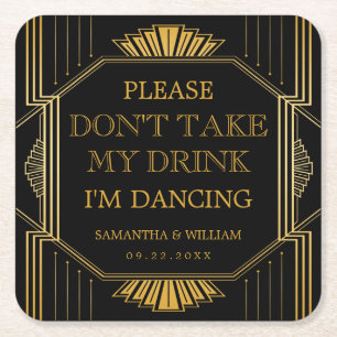  legant Art Deco Black Gold Wedding Vierkante Kartonnen Onderzetter