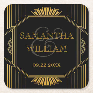  legant Art Deco Black Gold Wedding Vierkante Kartonnen Onderzetter
