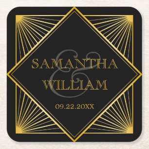legant Art Deco Black Gold Wedding Vierkante Kartonnen Onderzetter