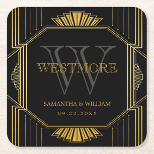  legant Art Deco Black Gold Wedding Vierkante Kartonnen Onderzetter