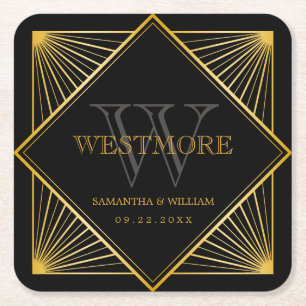  legant Art Deco Black Gold Wedding Vierkante Kartonnen Onderzetter