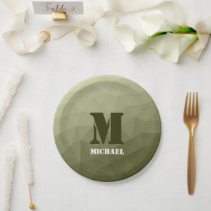 Leger lichtgroen geometrisch gaas patroon Monogram Papieren Bordje