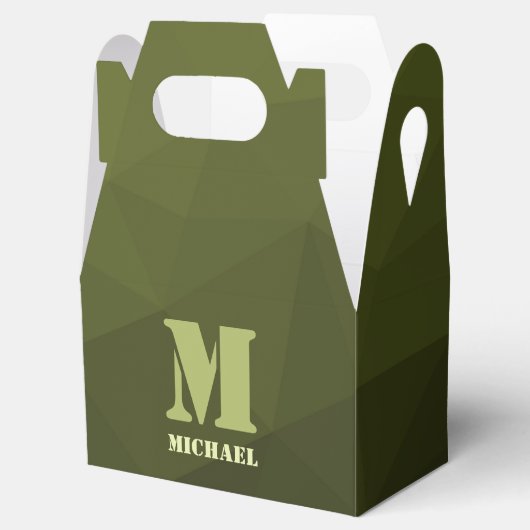 Legergroen olijf geometrisch maaspatroon Monogram Bedankdoosjes (Geopend)