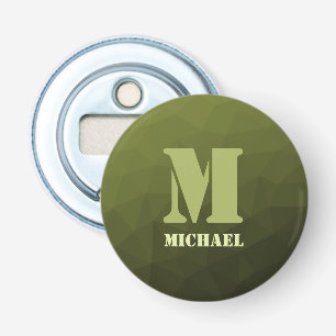 Legergroen olijf geometrisch maaspatroon Monogram Button Flesopener