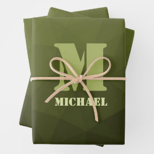 Legergroen olijf geometrisch maaspatroon Monogram Inpakpapier Vel