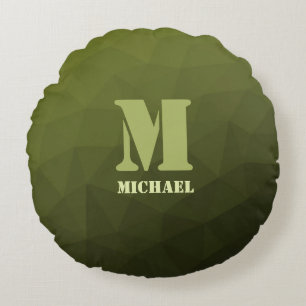 Legergroen olijf geometrisch maaspatroon Monogram Rond Kussen