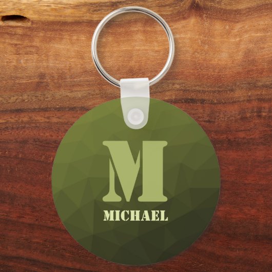 Legergroen olijf geometrisch maaspatroon Monogram Sleutelhanger (Achterkant)