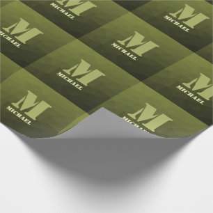 Legergroene olijf geometrisch meshpatroon Monogram Cadeaupapier
