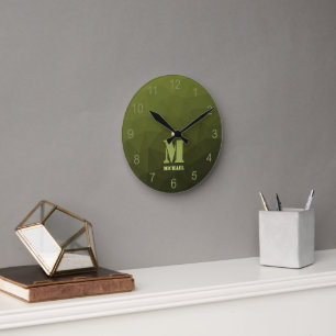 Legergroene olijf geometrisch meshpatroon Monogram Ronde Klok