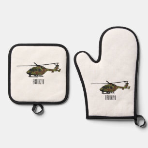 Legerhelikopter cartoon illustratie ovenwant & pannenlap set