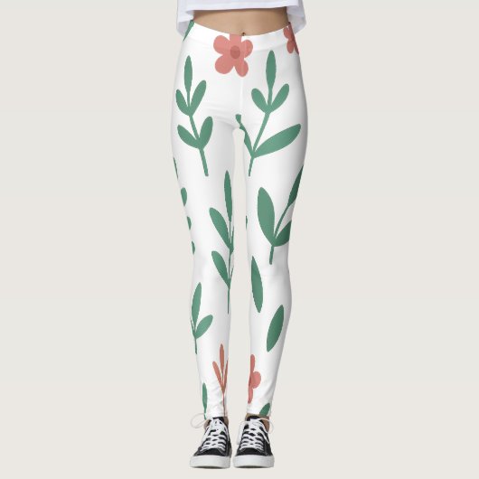 Legging à motif de feuille verte et de fleur rose (Devant)