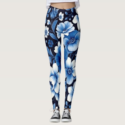 legging bleu à fleurs en velours (Devant)