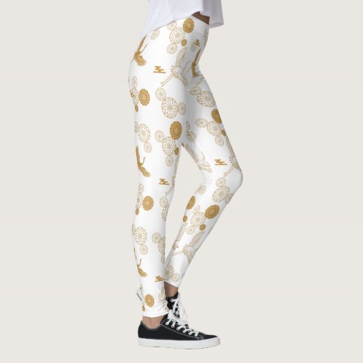 LEGGINGS 縁起の良い金色の日本の鶴模様 (Droite)