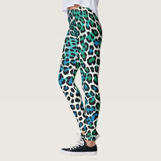 LEGGINGS 青と緑のヒョウ柄レギンスハイウェストカプリ (Gauche)