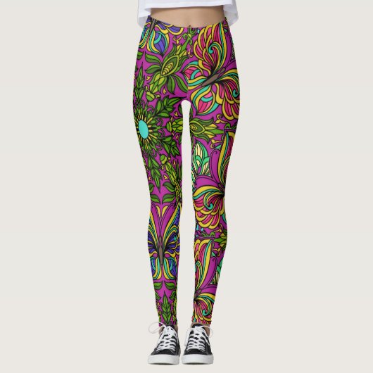 Leggings 1960 Retro Mandala Design, couleurs néon (Devant)