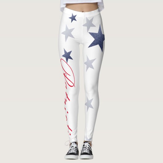 Leggings 4 juillet, blanc & bleu étoiles leggings. (Devant)