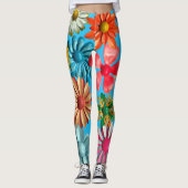 Leggings 60s Retro MOD coloré Hippie Daisy Fleurs Bleu (Devant)