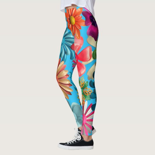 Leggings 60s Retro MOD coloré Hippie Daisy Fleurs Bleu (Gauche)