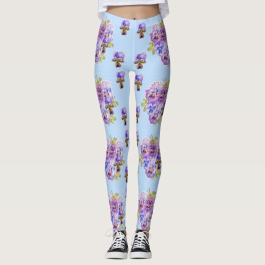Leggings à points floraux Shabby Chic Blue Pansy (Devant)