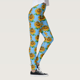 Leggings Abeille sur motif de fleur de tournesol bleu