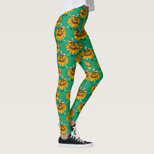 Leggings Abeille sur motif de fleur de tournesol vert