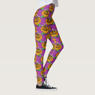 Leggings Abeille sur motif de fleur de tournesol violet