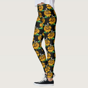 Leggings Abeille sur Tournesol Fleur Motif Design Noir