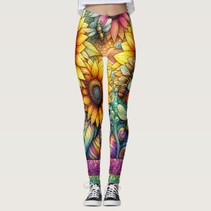 Leggings Abeilles tournesol fleurissent, Jardin Bohème