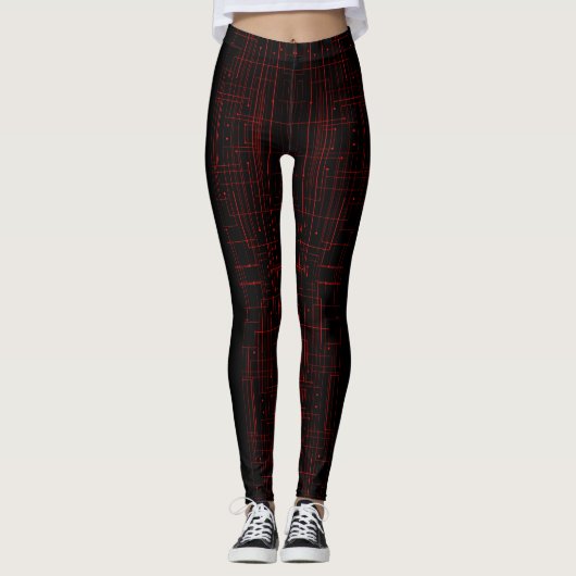 Leggings Abstract Cyber Pattern | Black & Crimson Circuit  (Devant)