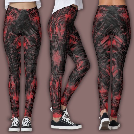 Leggings Abstract Geometric Pattern | Black and Red
