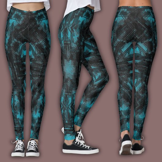 Leggings Abstract Geometric Pattern | Black and Teal