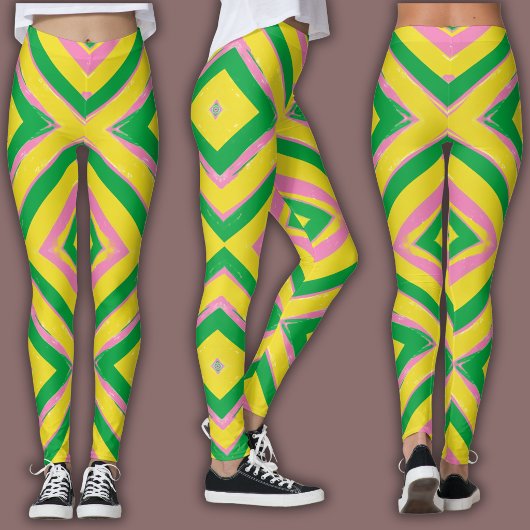 Leggings Abstract Geometric Pattern | Green, Yellow & Pink