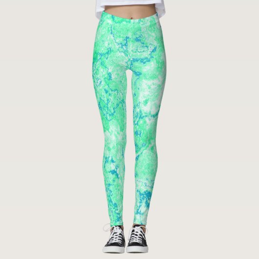 Leggings abstrait de marbre vert et bleu (Devant)