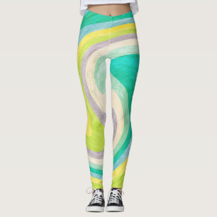 Leggings Abstrait Tourbillonnant en Vert, Jaune et Aqua