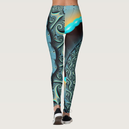 Leggings Abstraite spirale d'art fractal bleu turquoise ora (Dos)