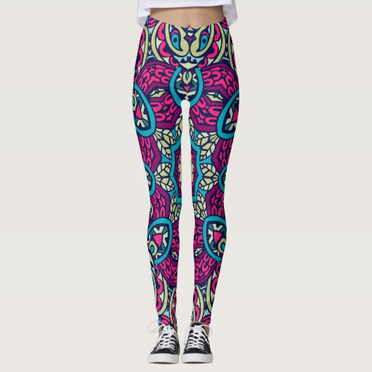 Leggings Adorables Style Bohème Rose Clair Et Vert (Devant)