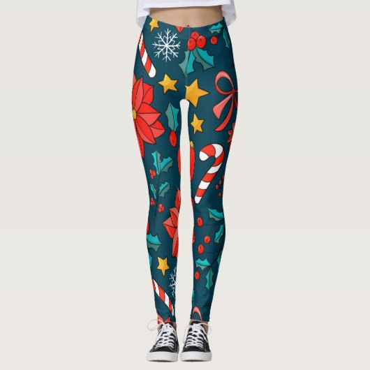 Leggings Adorables Sucres de canne De Noël Et Poinsettias (Devant)