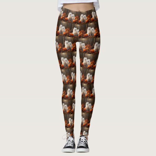 Leggings American Eskimo Chiot Automne Citrouille délice (Devant)