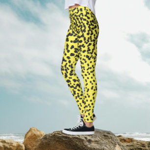 Leggings Amusant Dalmatien Noir Néon Jaune Taches Pointillé