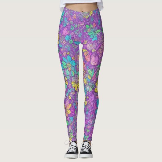 Leggings Amusant Joli Couleur Violet Boho Hippie Motif Flor (Devant)