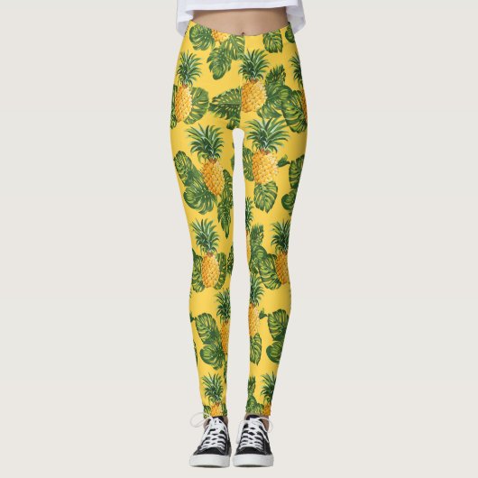 Leggings Ananas et Feuilles tropicaux en or (Devant)