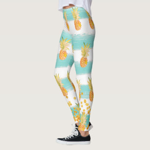 Leggings Ananas Motif Turquoise Blanc Tropical