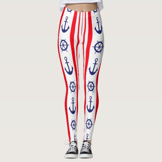 Leggings Ancres nautiques rouges et bleues et barre de navi (Devant)